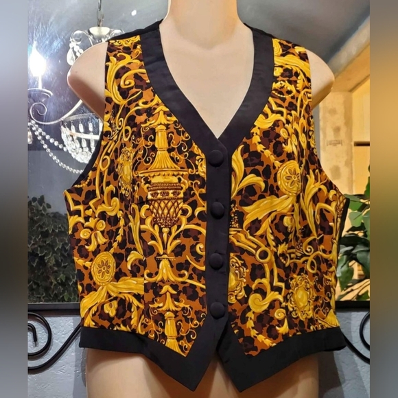 VTG Luxury 100% Silk Gillian Black Gold Ornament Print Baroque Vest Size 12 - Picture 6 of 7